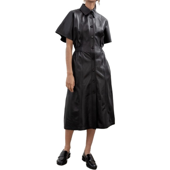 & Other Stories Structured Leather Collard Midi Dress Black Button Front Size 8 - Picture 1 of 15